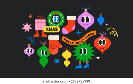 Merry Christmas, collection of funny cartoons, stickers, illustrations. Retro modern style Christmas ornaments, Santa, Xmas tree with funny faces, eyes and smiles. Vector concept illustration