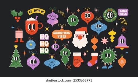 Feliz Navidades, colección de dibujos animados divertidos, pegatinas, ilustraciones. Ornamentos de Navidades de estilo moderno retro, Santa, árbol de Navidad con caras divertidas, ojos y sonrisas. Ilustración de concepto de Vector