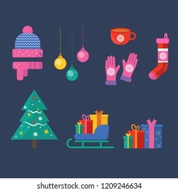 Merry Christmas collection for greeting card with tree, sleigh, hat scarf, sock, ball, gloves, cup . Flat style of icons for presents, invitation, children room decor, interior design.