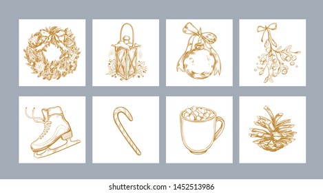 Merry Christmas collection with hand drawn illustrations . Vector. Isolated objects