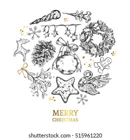 Merry Christmas collection with hand drawn illustrations . Postcard.Vector. Isolated objects
