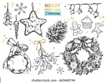  Merry Christmas collection with hand drawn illustrations . Vector. Isolated objects