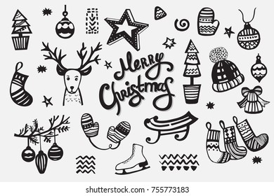 Merry Christmas collection of handdrawn vector elements: christmas ball, reindeer, christmas tree, sled, skates, hat, bell, stars, mittens and others. Template with hand drawn xmas lettering.