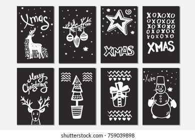 Merry Christmas collection of handdrawn vector cards with: christmas ball, reindeer, christmas tree, stars, gift, snowman and others. Template with hand drawn xmas lettering.