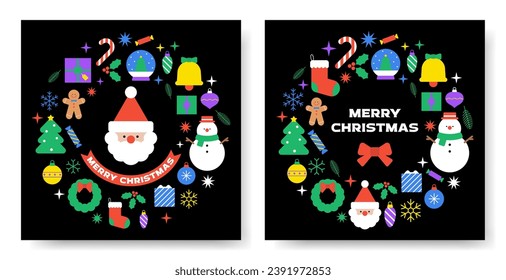 Merry Christmas collection. Happy New Year decorative elements. Xmas colorful sticker icon set. Deer, Cookie house. Holiday pattern. Isolated, black background. Trendy style vector flat illustration.