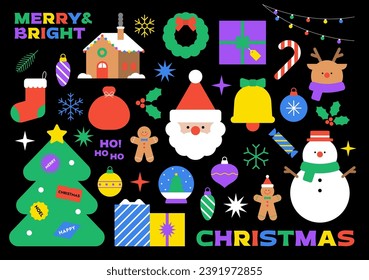 Merry Christmas collection. Happy New Year decorative elements. Xmas colorful sticker icon set. Deer, Cookie house. Holiday pattern. Isolated, black background. Trendy style vector flat illustration.