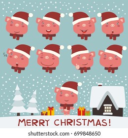 Merry christmas! Collection isolated heads of pig in red hat in cartoon style.