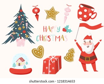 Merry christmas collection in modern style. Greeting stylish illustration with santa, gift box, gingerbread, baubles, socks, pudding, stick, lettering.