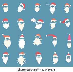 Merry Christmas. Collection of Santa Claus icons. Santa hats, moustache and beards. Christmas elements for your festive design. Vector illustration, isolated on a blue background.
