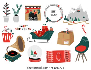 Merry Christmas  collection. Scandinavian christmas design set. Vector illustration. Nordic house, winter forest, gifts, deer with sledge. Typographic design. 