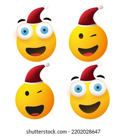 Merry Christmas! - Collection of Smiling, Cheering Characters,3D Emoji with Winking or Wide Open Pop Out Eyes,Red Santa Hat On - Set of Simple Shiny Happy Emoticons on White Background - Vector Design