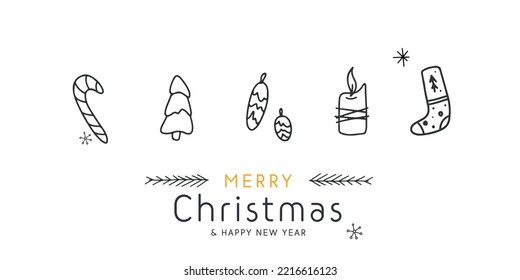 Merry Christmas collection of winter holiday decoration elements doodle hand drawn line art.Santa Claus socks, candle, pine cone, pine tree, candy cane, snowflake.  Postcard, banner, print, web, decor