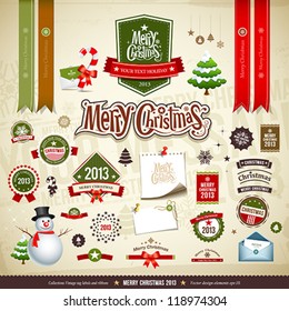 Merry Christmas collections design, message, ribbons, label, snowman, trees, Envelope letter and staff, vector illustration