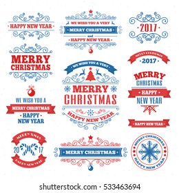 Merry Christmas color emblem set with christmas wish color style for greeting card. Decoration christmas label. Happy New Year. Vector Illustration