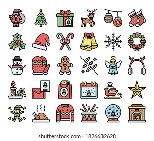 merry christmas color outline vector icons pixel perfect