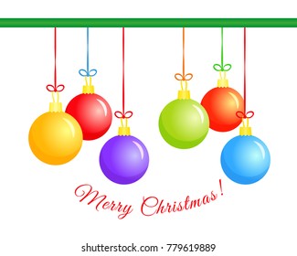 Merry Christmas, colored christmas balls set with greeting inscription on white background