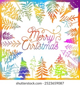Merry Christmas colored tree frame . Christmas greeting Card, hand drawing. Not AI, Vector illustrations