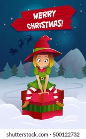 Merry christmas colorful card design, Santa Claus elf helper. night background. red wood banner