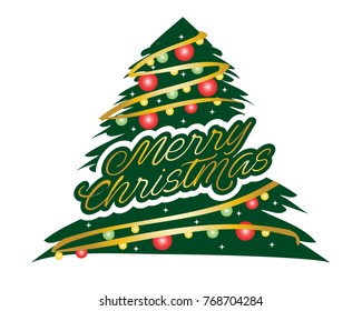 merry christmas with colorful circles and script lettering, illustration design, isolated on white background. 