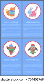Merry Christmas colorful congratulation postcard with beautiful hare, owl and fox. Vector illustration with happy animals on blue background