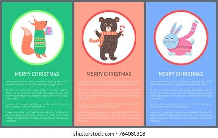 Merry Christmas colorful congratulation postcard with beautiful hare, fox with present and bear with candy. Vector illustration with happy animals