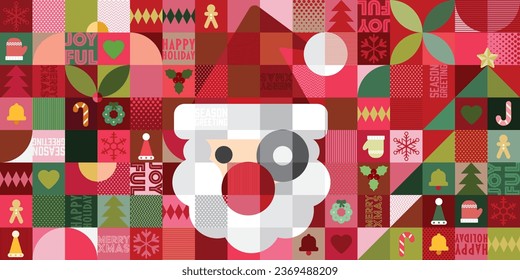 Merry Christmas and colorful Christmas elements in mosaic punchy style vector illustration.