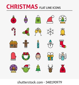 Merry Christmas Colorful Flat Line Icons Set. Vector Set of 25 Winter Holiday Seasonal Modern Thin Line Icons for Web and Mobile. Linear Icons Collection.