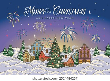 Merry Christmas colorful flyers with fireworks over festive city with fir trees and happy New Year heading vector illustration