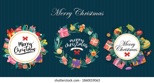 Merry Christmas with colorful gift boxes decorated in circles