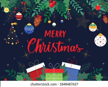 Merry Christmas Colorful Greeting Card Template Party Gifts Vector Illustration