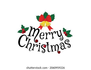 Merry Christmas colorful greeting card with green leaves, red berries and jingle bells. Flat style Xmas design for greeting card, banner, invitation, poster etc. Vector illustration