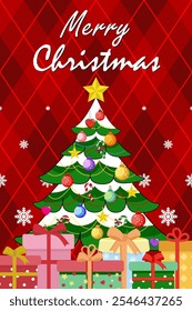 Merry Christmas colorful greeting card. With balls ornament on Christmas tree and gift boxes. Design on traditional Scottish ornament in red rhombuses background with snowflakes.