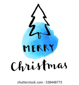 Merry Christmas colorful hand drawn modern calligraphic card with a blue watercolor spot and Christmas tree. Christmas hand lettering in vector
