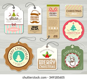 Merry christmas colorful label paper collections design on gray wood background vector illustration