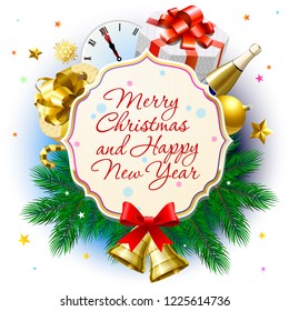 Merry Christmas colorful label. Realistic elements as red bow, gift boxes, clocks and green spruce branches around.