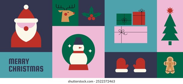 Merry Christmas colorful and modern design for greeting cards, social media banners and covers. Festive design in geometric style with Christmas elements.