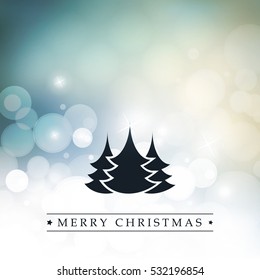 Merry Christmas - Colorful Modern Style Happy Holidays Greeting Card with Label and Tree Silhouette on Sparkling Bright Blurred Background