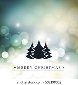 Merry Christmas - Colorful Modern Style Happy Holidays Greeting Card with Label and Tree Silhouette on Sparkling Bright Blurred Background