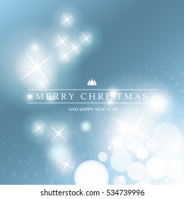 Merry Christmas. Colorful Modern Style Happy Holidays Greeting Card with Label on Sparkling Bright Blurred Background