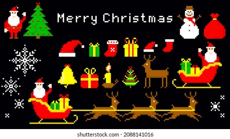 Merry christmas colorful pixel . Cheerful santa claus in sleigh with gifts. Spruce in garlands and vector balls