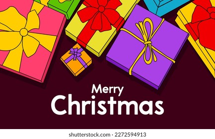 Merry Christmas colorful poster with a bunch of colorful gifts on it
