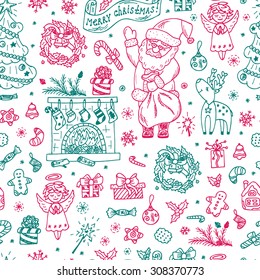 Merry Christmas. Colorful Christmas seamless pattern. Holiday background. Celebratory Endless texture. Hand Drawn Doodles illustration.