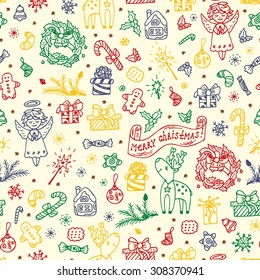 Merry Christmas. Colorful Christmas seamless pattern. Holiday background. Celebratory Endless texture. Hand Drawn Doodles illustration.