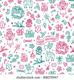 Merry Christmas. Colorful Christmas seamless pattern. Holiday background. Festive Endless texture. Hand Drawn Doodles illustration.
