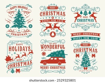 Merry Christmas colorful set flyers with New Year tree or Santa reindeer and SUV with fir on roof vector illustration