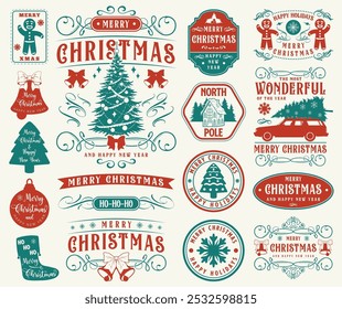 Merry Christmas colorful set labels with holiday trees and greeting lettering near New Year gingerbread cookies vector illustration