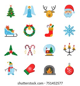 Merry Christmas colorful set. Christmas party elements. New Year Flat pictograms for web site design and mobile apps. Winter holidays vector illustration.