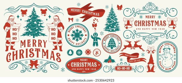 Merry Christmas colorful set posters with Santa Claus and New Year tree or beautiful lettering in retro force vector illustration