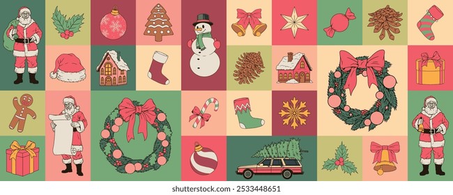 Merry Christmas colorful set posters with New Year symbols symbolizing excellent execution of december holidays and winter weekends vector illustration