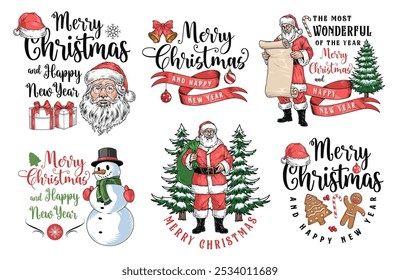 Merry Christmas colorful set posters with portraits Santa Claus and snowman or traditional sweets for New Year table vector illustration